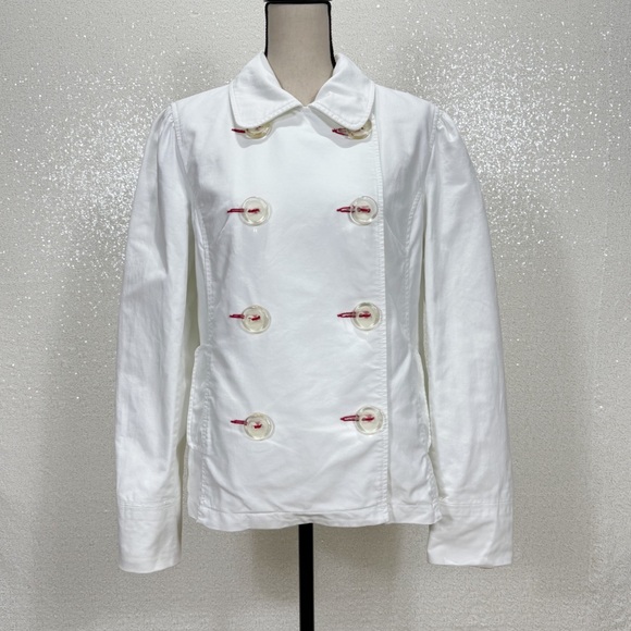 Old Navy White Double-Breasted Cotton Jacket with Red Stitching – Size Large - Picture 12 of 13